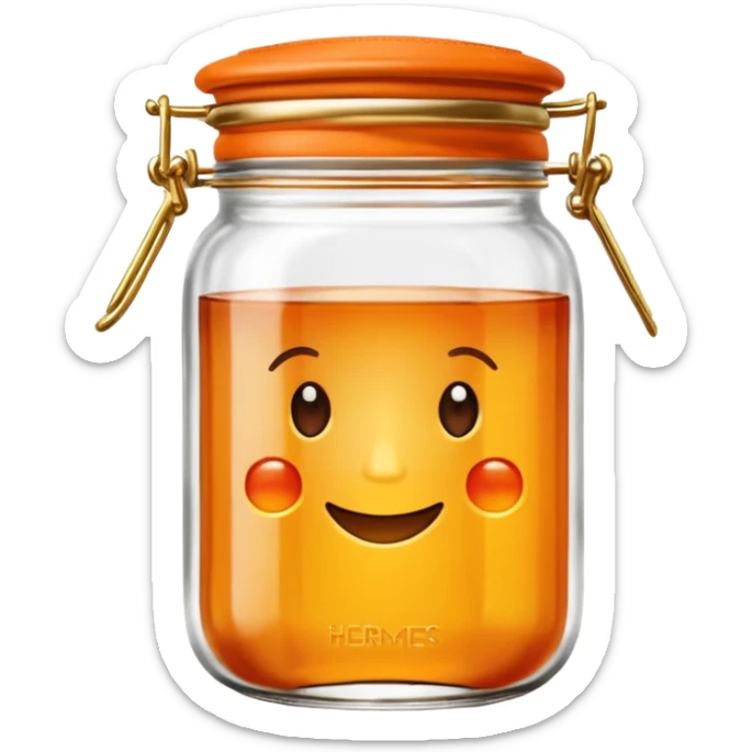 Hermès-style vintage jam jar, glass with Hermès orange lid and gold accents, luxury, cute emoji style sticker