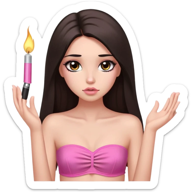 girl with lighter skin, dark brown long straight hair falling in front of her body, pouty shiny lips without cupid's bow, shiny large eyes with long eyelashes, lighter button nose, very long oval-shaped face, wearing a pink bandeau top with straight neckline, looking directly at camera with hands down at sides sticker