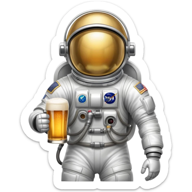 a full astronaut space suit with a pint of delicious beer inside it instead of a human, the glass of beer visible through the helmet sticker