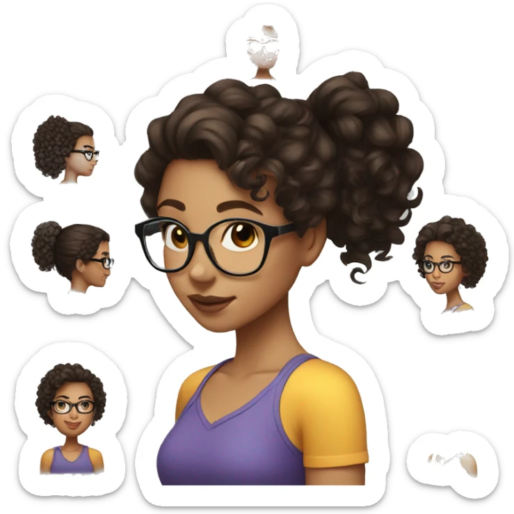 light skin girl with dark brown curly hair in a low ponytail with clear glasses sticker