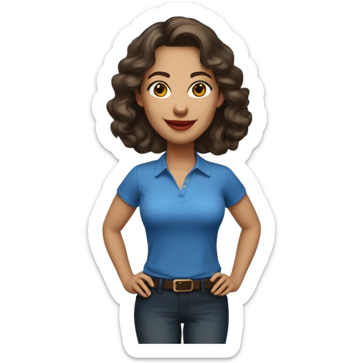 A cheerful woman in her 30s with light skin, shoulder-length wavy dark brown hair, and a round face with prominent cheekbones. She has hazel eyes, full lips with red lipstick, and a warm, friendly smile. She's wearing a blue shirt. sticker