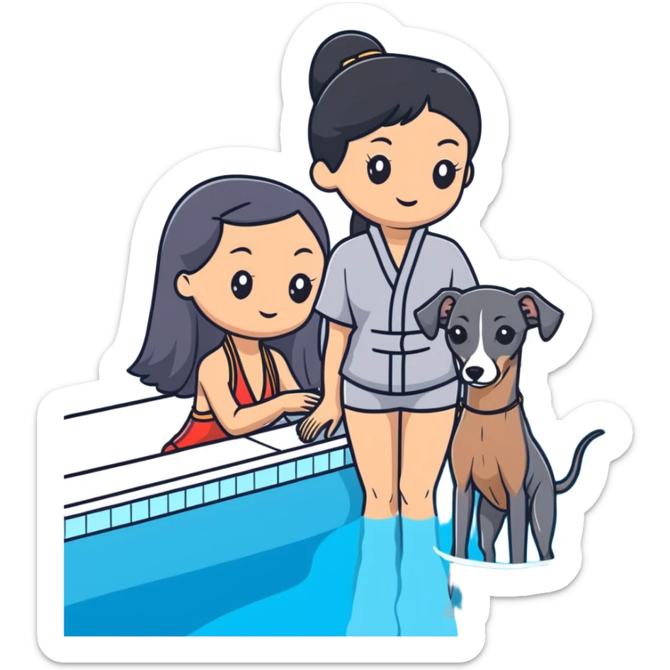 Slim Chinese woman with long black hair in pool attire at an indoor swimming pool with her Italian greyhound that is COMPLETELY and ENTIRELY solid dark grey, with ABSOLUTELY ZERO white markings anywhere on its entire body including face, nose, chest, paws - 100% uniform dark grey color only sticker