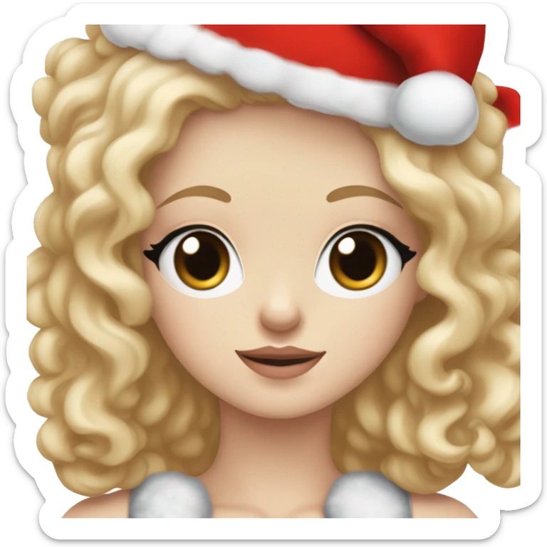 Pretty blue eyed white girl with blonde long wave hair with a santa claus hat and holding a brown toy poodle with short eras sticker