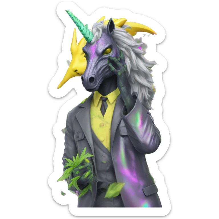 420 .Zombie_ Vaporwave black holographic oilslick zombie dragon unicorn person smoking yellow caution tape hemp leaves unicorn Pegasus hemp plants sticker
