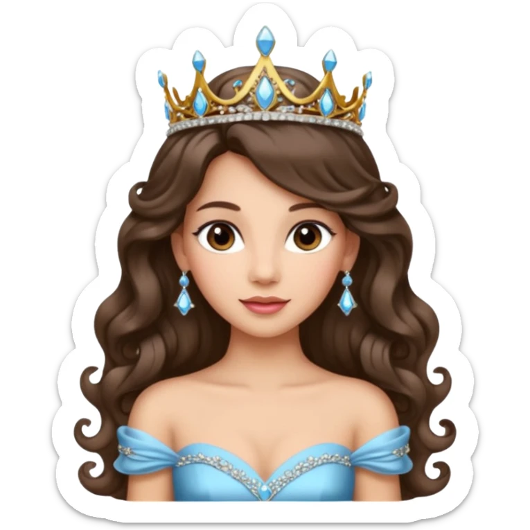Princess with long glam curled hair, dark brown eyes, light skin tone.  sticker