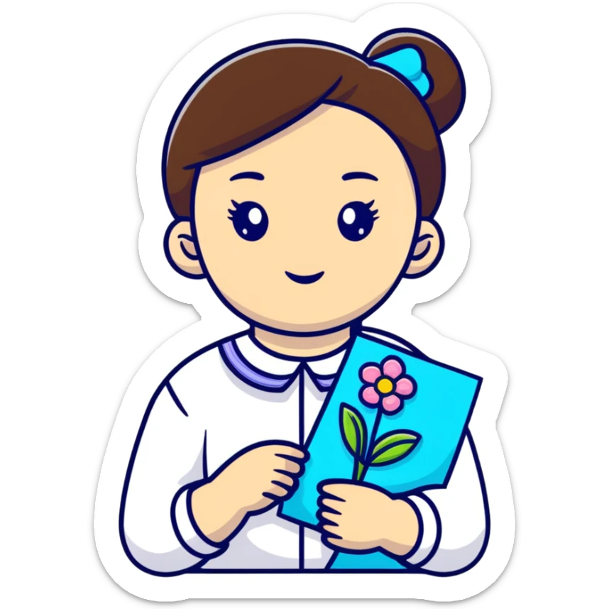 Ukrainian young girl in white embroidered shirt holding colored paper and a flower sticker