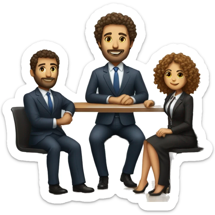 work meeting 3 men and 4 women sitting on a table wearing suits the women have curly hair and one of the men is fat with a beard and of them is tanned with curly hair sticker