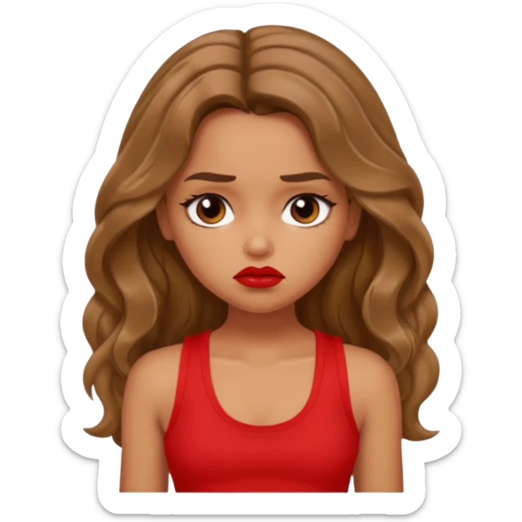 generate a pretty tan bratz girl with brown wavy hair long wearing a red tank top, red lipstick. Looking sad sticker