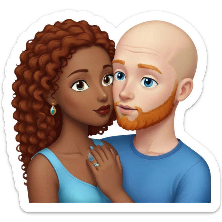Bald white male with ginger beard and blue eyes kissing indian brown woman with black curly hair sticker