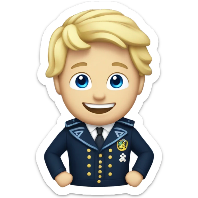 Male with blonde hair and blue eyes waving hand smiling with a Scotland flag sticker