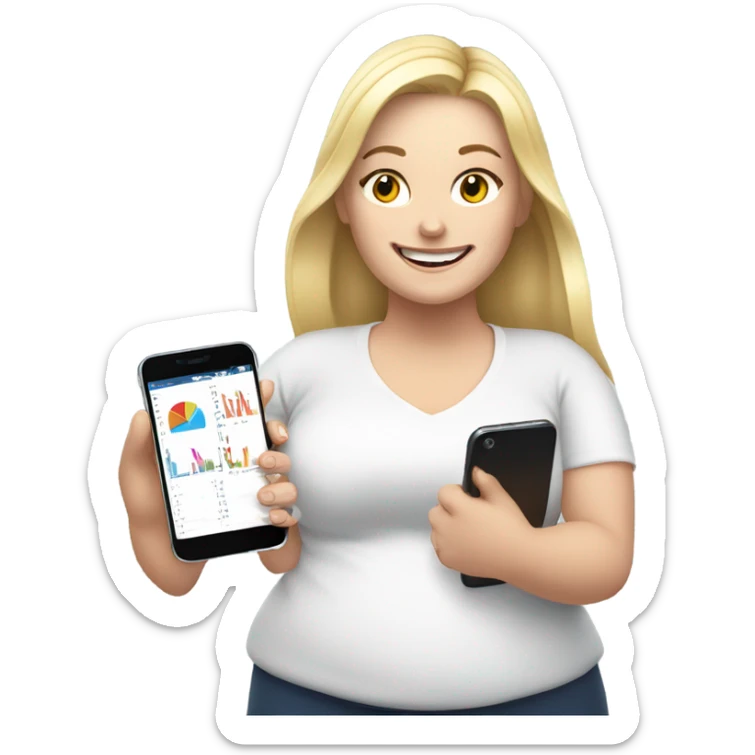 overweight blondie woman happy with a smartphone in hands showing charts sticker