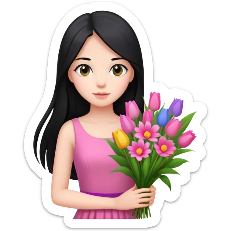 Beautiful girl with long straight black hair, fair skin, wearing pink dress, holding a bouquet of colorful flowers sticker