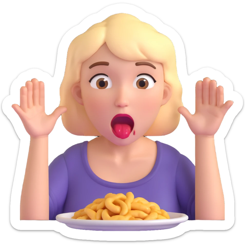 woman with drooling face and hands reaching for food, showing strong hunger sticker