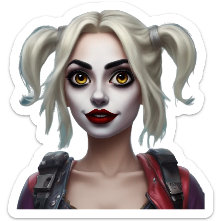 Jasmine Lordi in Harley Quinn style, oil paint, mysterious eyes, intricate lips, masterpiece portrait, odd perspective, beautiful, desirable, logical sticker