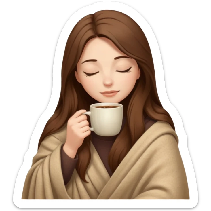 long brown hair woman closed eyes hiding under a cozy wool beige blanket, holding cup of coffee, autumn mood sticker