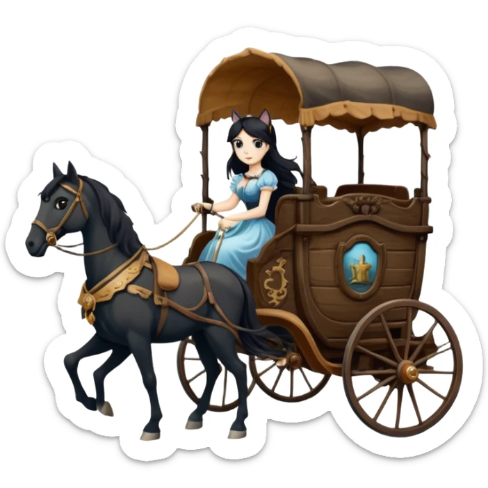  Rustic all black antique wood Barbie Gypsy 1854 pretty dark-haired Catgirl driving a huge horse-drawn fancy French stagecoach Caravan on a bumpy scary ghost trail in the woods  sticker