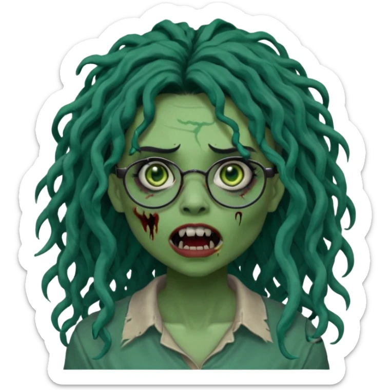 One female green-skinned, zombie super pretty with glasses, with ombre black roots & dark teal long locks and a side bang of her locs that fall over the right eye and a sinister expression with the mouth open, teeth showing, and the jaw uneven. with a small wound near its mouth. Make her locks curly sticker