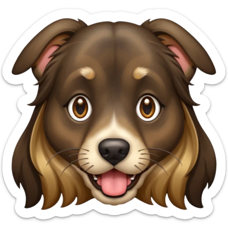 dog face with long black+brown brindle coat and bridge of nose. ears stand up w/ tips folded down. make eyes light brown-ish gold. widen tongue and add dark splotch. keep mane long.  sticker