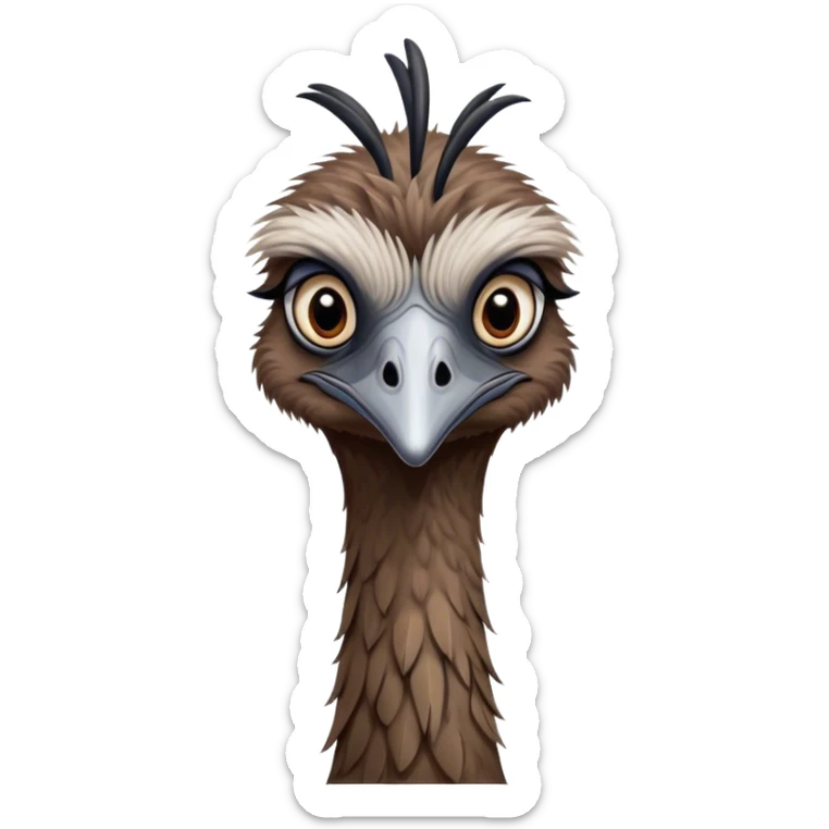 Cinematic Noble Emu Portrait Emoji, Poised and regal, with a tall, slender build and a shaggy, well-groomed fur of earthy brown feathers, a long elegant neck and deep-set soulful eyes, Simplified yet sharp and sophisticated features, highly detailed, glowing with a soft, dignified glow, high shine, intelligent and stately, stylized with an air of outback majesty, focused and attentive, soft glowing outline, capturing the essence of a watchful and confident bird, so majestic it feels as though it could stride out of the screen with effortless authority! sticker