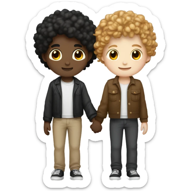 two boys holding hands one white skin brown curly hair jaw length othe white skin black short hair slightly longer on top sticker