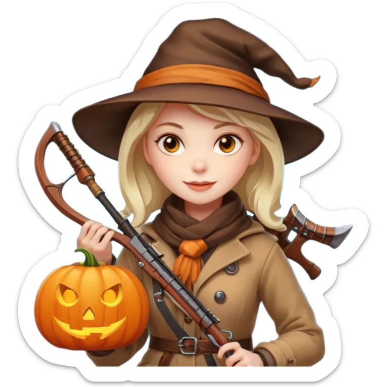 female human monster hunter emoji, wearing brown coat and hat, holding crossbow, soft smile, scarf, glowing pumpkin by her side, Halloween fantasy style, clean vector Apple emoji look, bright colors, white background, square sticker