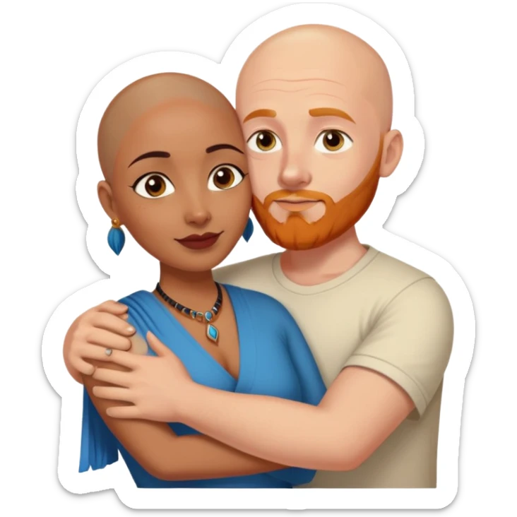 Bald white male with ginger beard and blue eyes hugging indian brown woman with short DARK black hair sticker