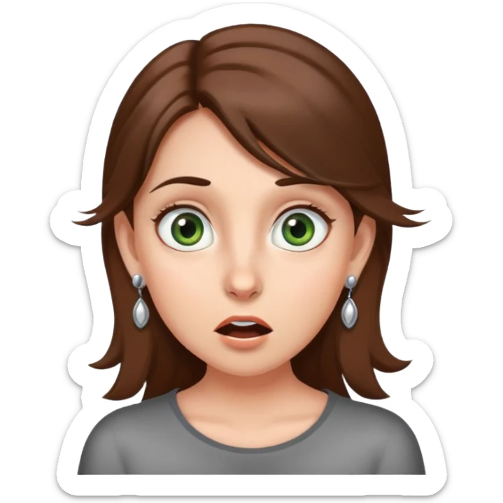 girl with gray-green eyes, brown hair, earrings, mole on cheek, surprised emotion sticker