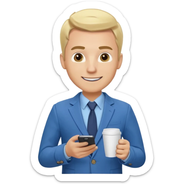 Confident and outgoing male entrepreneur, Caucasian features, blonde hair, big friendly smile, expressive eyes, defined eyebrows, wearing a blue blazer over a light blue shirt, holding a smartphone in one hand and a coffee cup in the other, waist-up, front-facing sticker