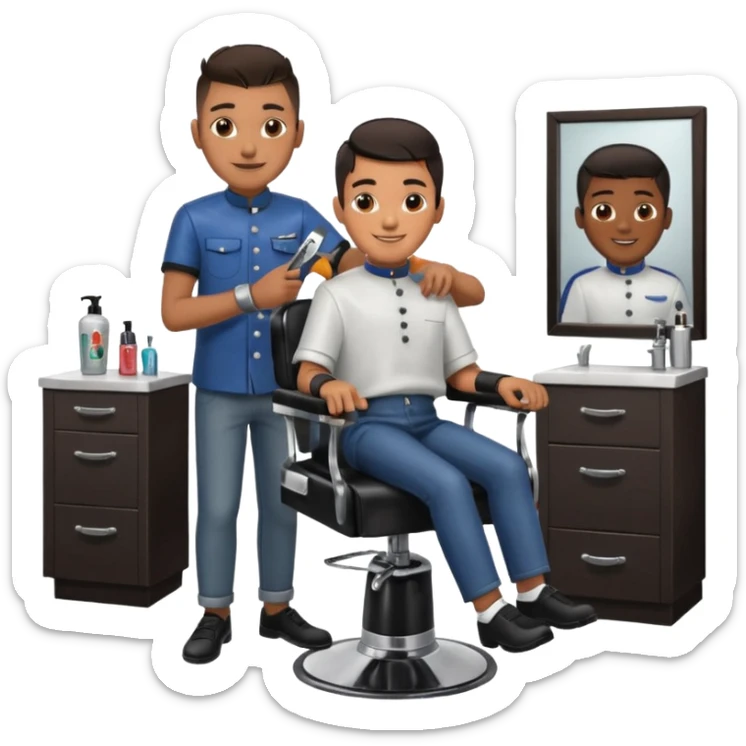 Barber cutting teenage boys hair. Show the boy sat in black barber chair and both having smiles on their faces. Both have dark hair sticker