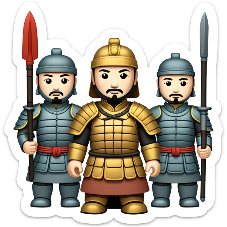 Terracotta Army Xi'an, simplified emoji style with bold outlines and bright colors, cartoon style ancient warrior statues sticker
