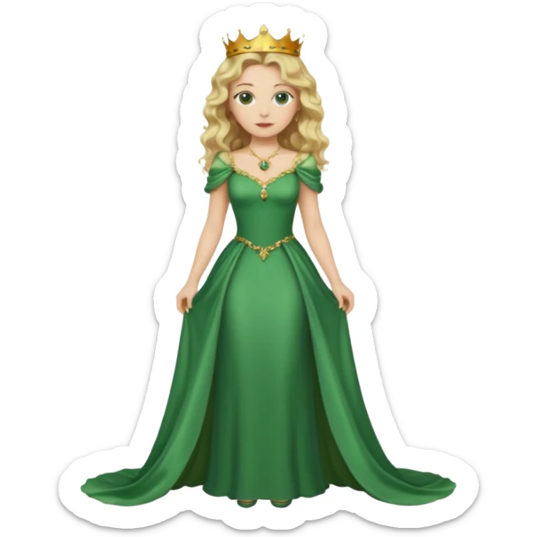Queen, crown, blonde wavy hair, green eyes, long green narrpw dress, whole Body, sticker