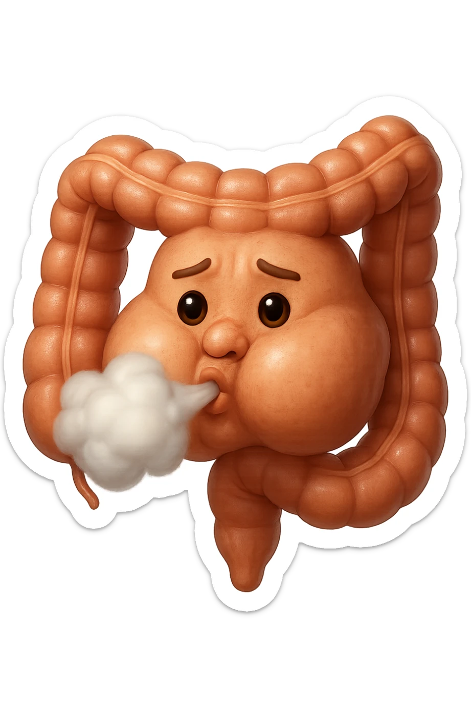 emoji stile iphone di un intestino che ingoia una nuvoletta di aria ben visibile e gli si gonfia la pancia, non fargli il naso, iperrealistico 4k sticker