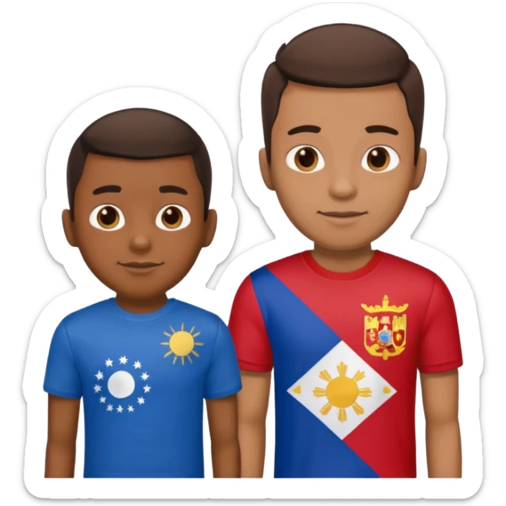 2 male Best buds , one in showing Philipines flag tshirt, one is showing Spain flag sticker