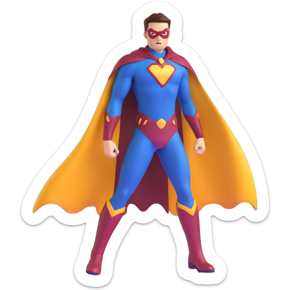 superhero in dark blue and maroon bodysuit with gold accents, digital cape, maroon boots, dynamic stance sticker