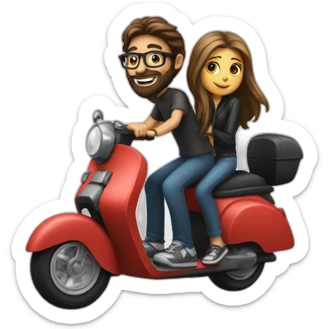 Boy with long hair, beard, and glasses, riding a black scooter with a girl on the back sticker