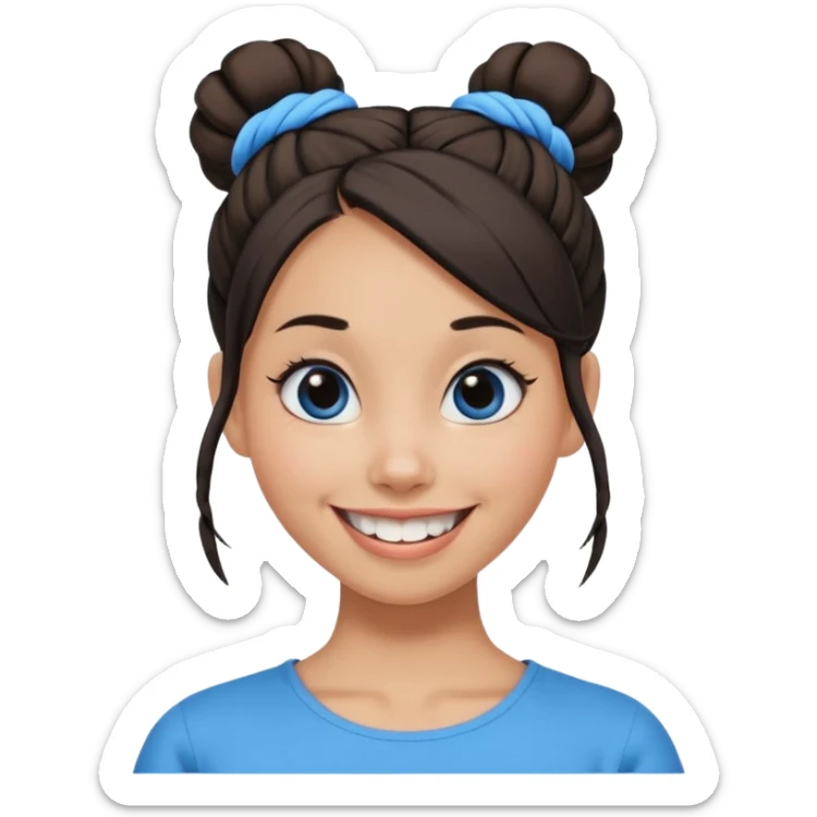 Now tied up her hair in a half-bun ,the on her head is black, while her bang is blue. Bigger eyes and brighter smile, show teeth while smiling sticker
