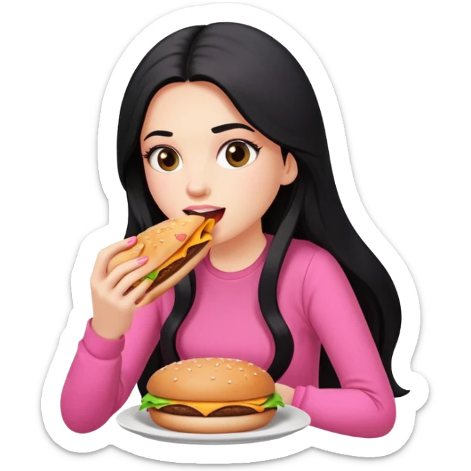 White girl in pink clothes and long black hair eating burger and pizza sticker