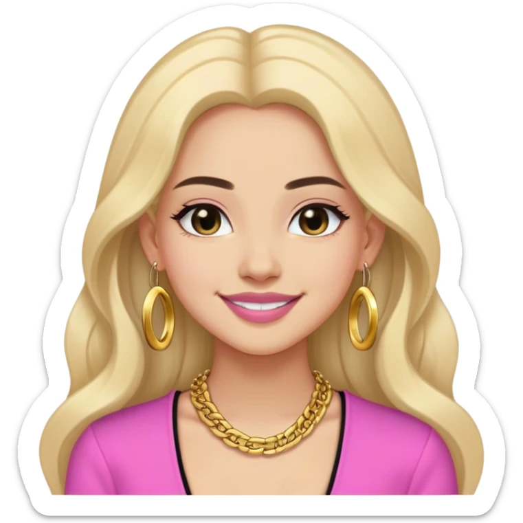 A little cool toned girl with black thick open long hair smiling and her lips should be a lightish pink in a black outfit with gold tops (not hoop) earrings and a very thin gold chain and she should have a lil jawline  sticker