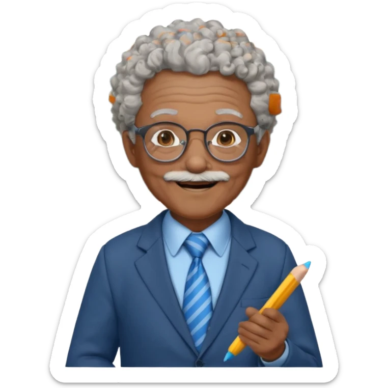 old man teacher, brown skin, curly grey white hai, wearing glasses, brown suit, blue tie hold chalk on hand sticker