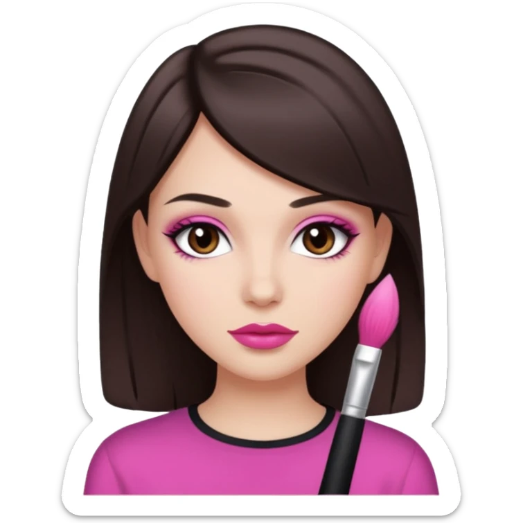 White girl with straight dark brown hair and dark brown eyes, pink lips, "clean girl" makeup  sticker