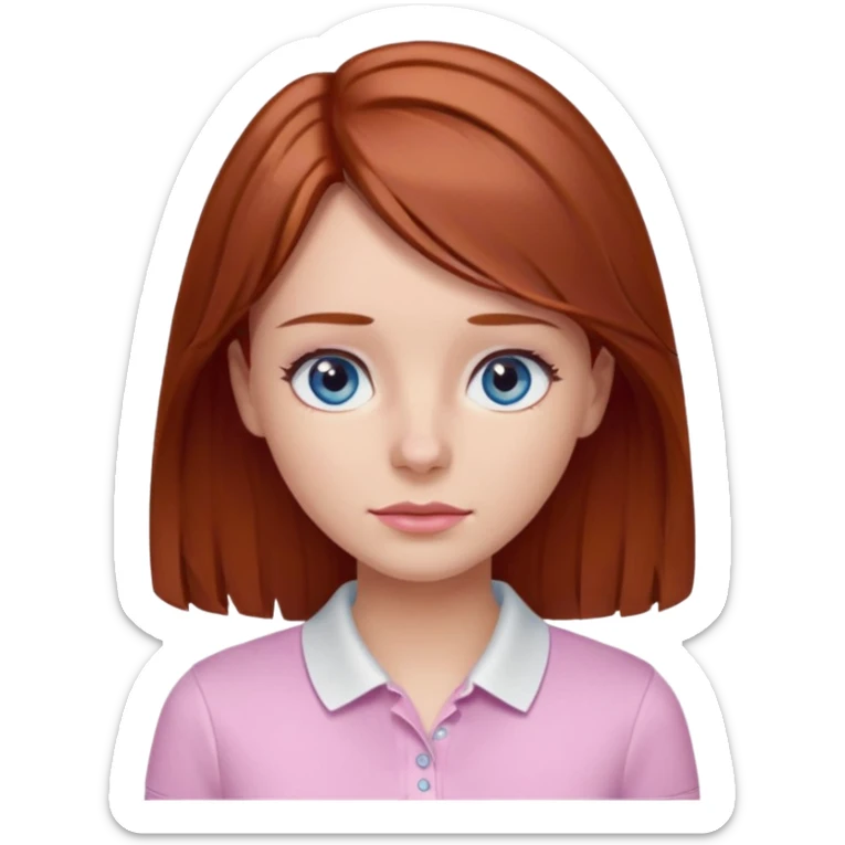 Create emojis of a girl with light brown / dark red hair slightly wavy below the shoulder. Her eyes are gray-blue, her nose is small and straight, and her lips are pink and small. Eyes with long eyelashes. The polo shirt is white. The emoji itself is up to chest level. sticker