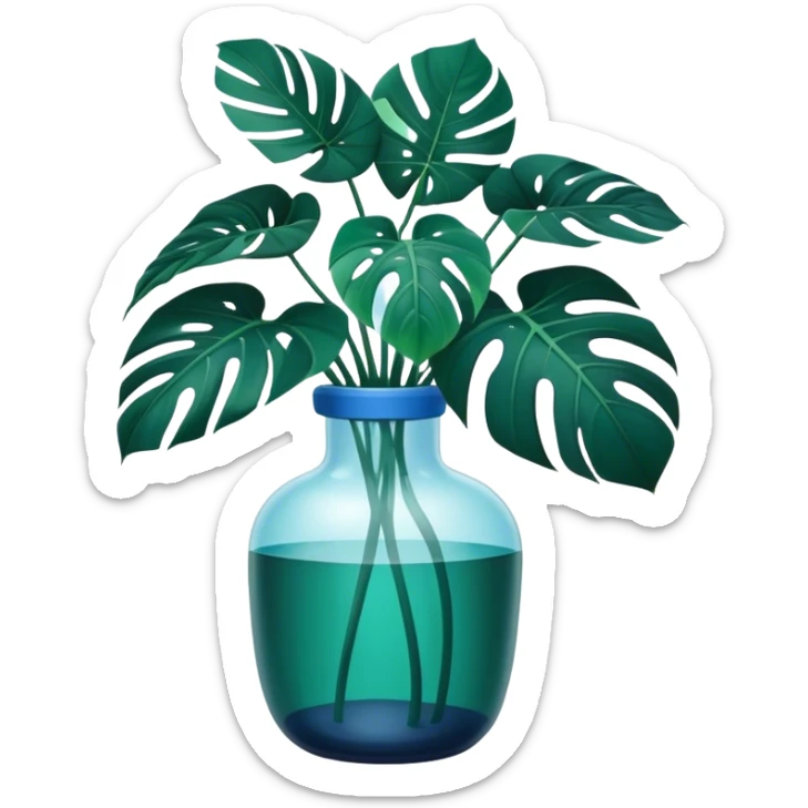 Aesthetic monstera flower in deep bottle green color in a beautiful blue pot sticker