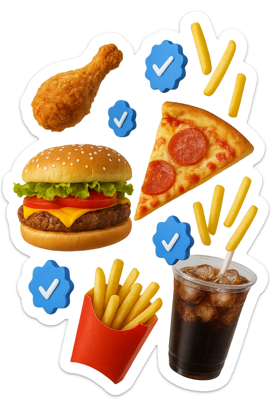 fast food realistico fluttua in aria insieme a spunte di verificato in 3d sticker