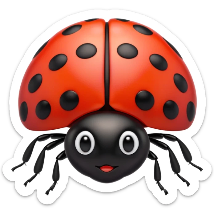 A 3D Apple-style emoji of a cute red ladybug with black spots, shiny smooth body, small antennae, and gentle light reflection on its wings. Centered, clean white background, colorful and playful design. sticker