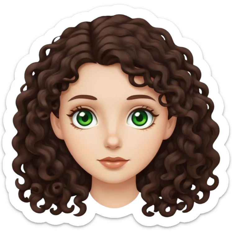 white girl with long dark brown curly hair and green eyes sticker