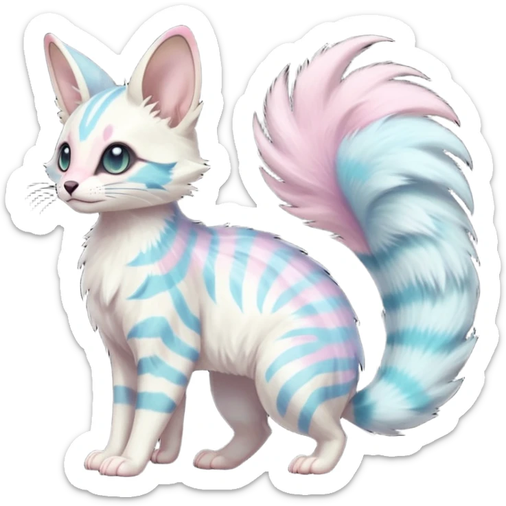  cute adorable whitish pastel fur with random colorful markings iridescent beautiful elegant pretty precious cute young youthful  Fakémon-Pokémon-alien-opossum-feline-serval-caracal-chinchilla-Minccino-hybrid-creature with a big fluffy bushy striped tail (full body) sticker