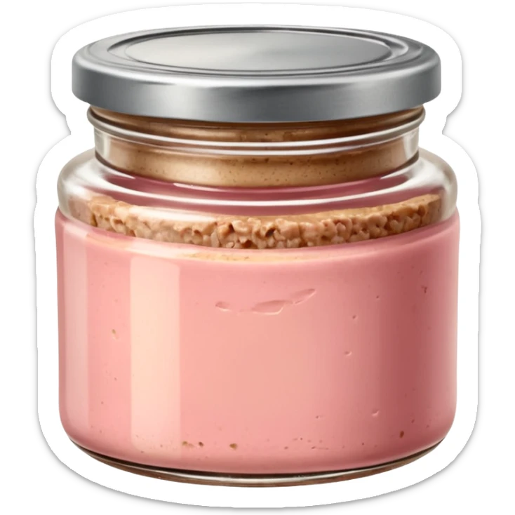 small glass jar of coarse beige-pink pâté with metal lid, visible texture, no label or extras, soft lighting, subtle shadows, transparent background, emoji scale sticker