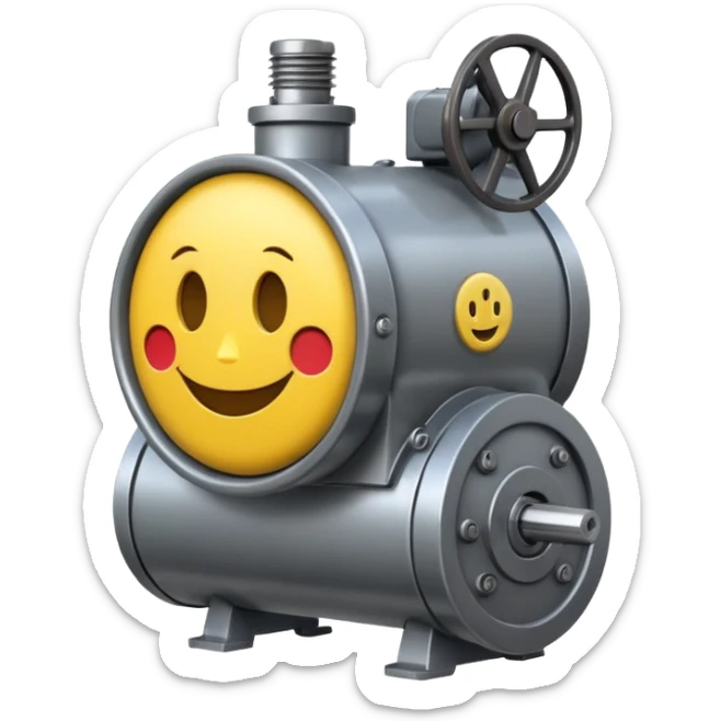 Industrial mechanical motor with a smiley face, emoji for the new electric music genre Motor breaks must be friendly and sellable must be small but clear child friendly, ready to use as a logo sticker