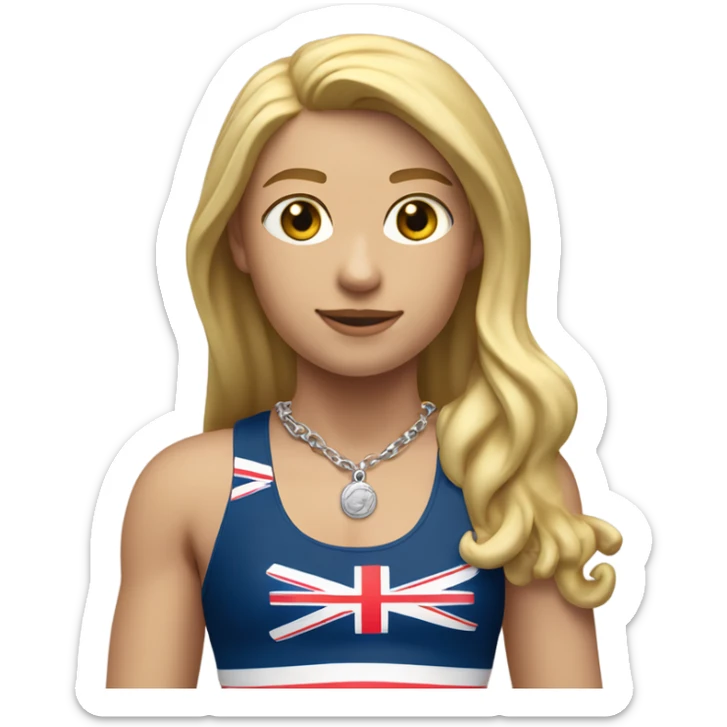 A girl with long blonde hair with wide shoulders wearing a Great Britain rowing swimming suit and has small muscles and add a necklace that has a sea shell pendant on it. The necklace is around the neck and the pendant is on her chest sticker