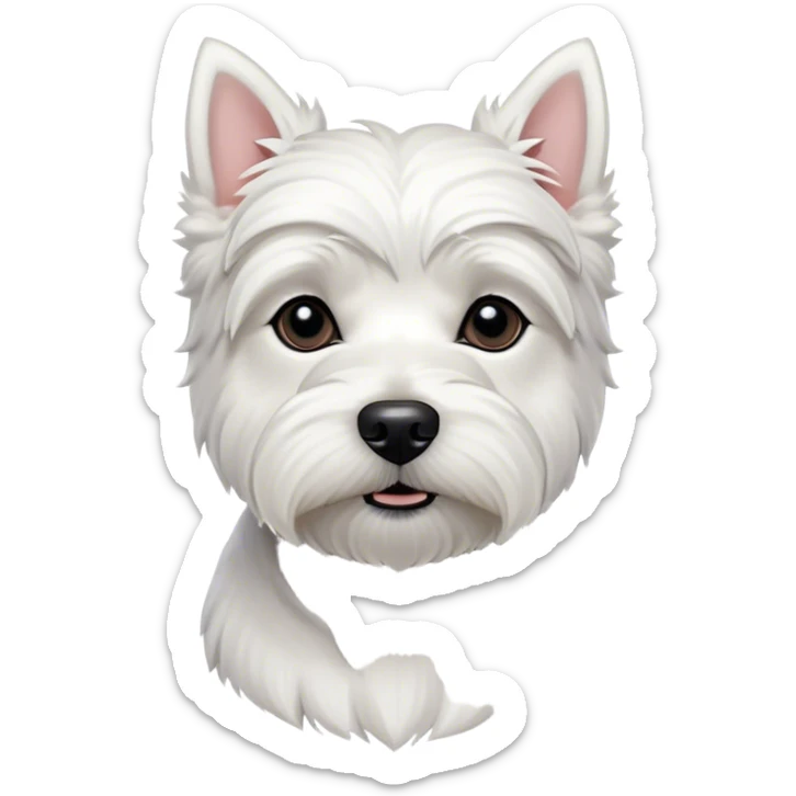 Cinematic Noble West Highland White Terrier Portrait Emoji, Poised and regal, with a compact, sturdy build and a pristine, well-groomed pure white coat, deep-set soulful dark eyes, Simplified yet sharp and sophisticated features, highly detailed, glowing with a soft, dignified glow, high shine, intelligent and loyal, stylized with an air of confidence, focused and attentive, soft glowing outline, capturing the essence of a watchful and determined companion, so majestic it feels as though it could trot out of the screen with effortless authority! sticker